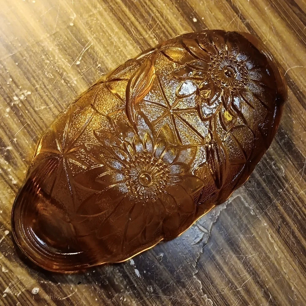 Vtg Indiana Carnival Glass relish dish sunflower marigold 1960s